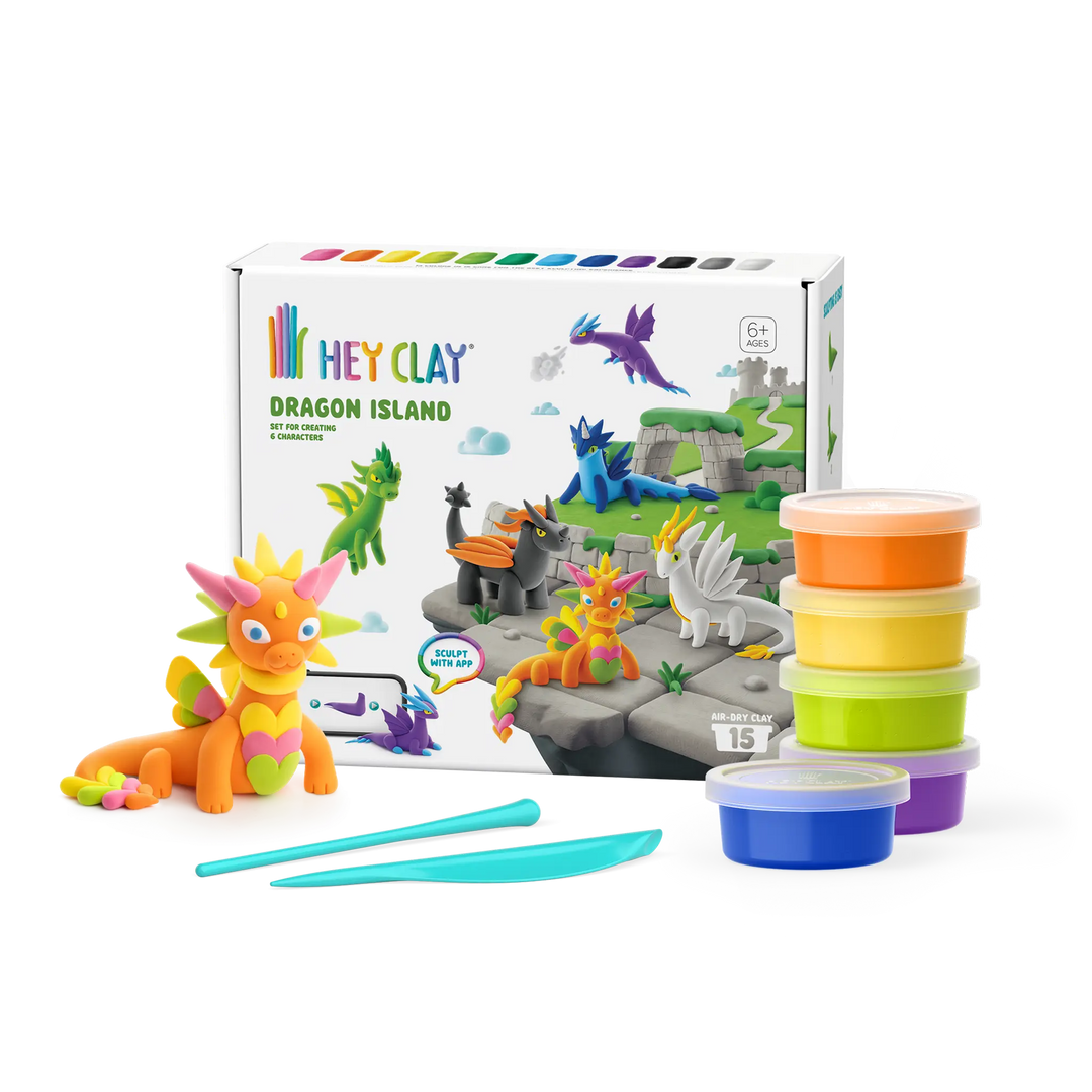 Stacked clay cans from the HEY CLAY Dragon Island 15-can set