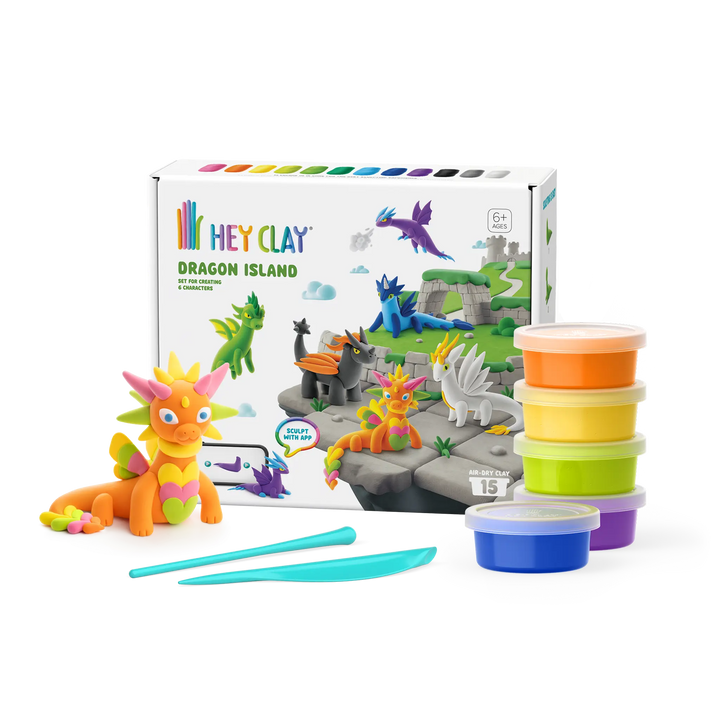 Stacked clay cans from the HEY CLAY Dragon Island 15-can set