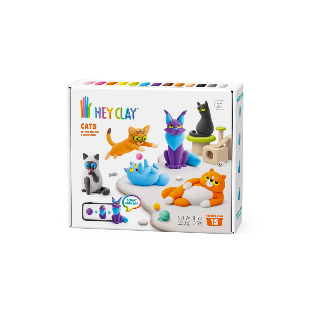 Cats characters sculpted from the HEY CLAY Cats set, shown on a table