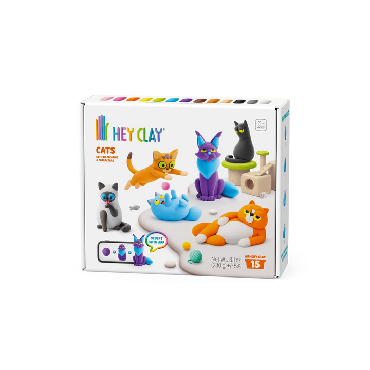 Cats characters sculpted from the HEY CLAY Cats set, shown on a table